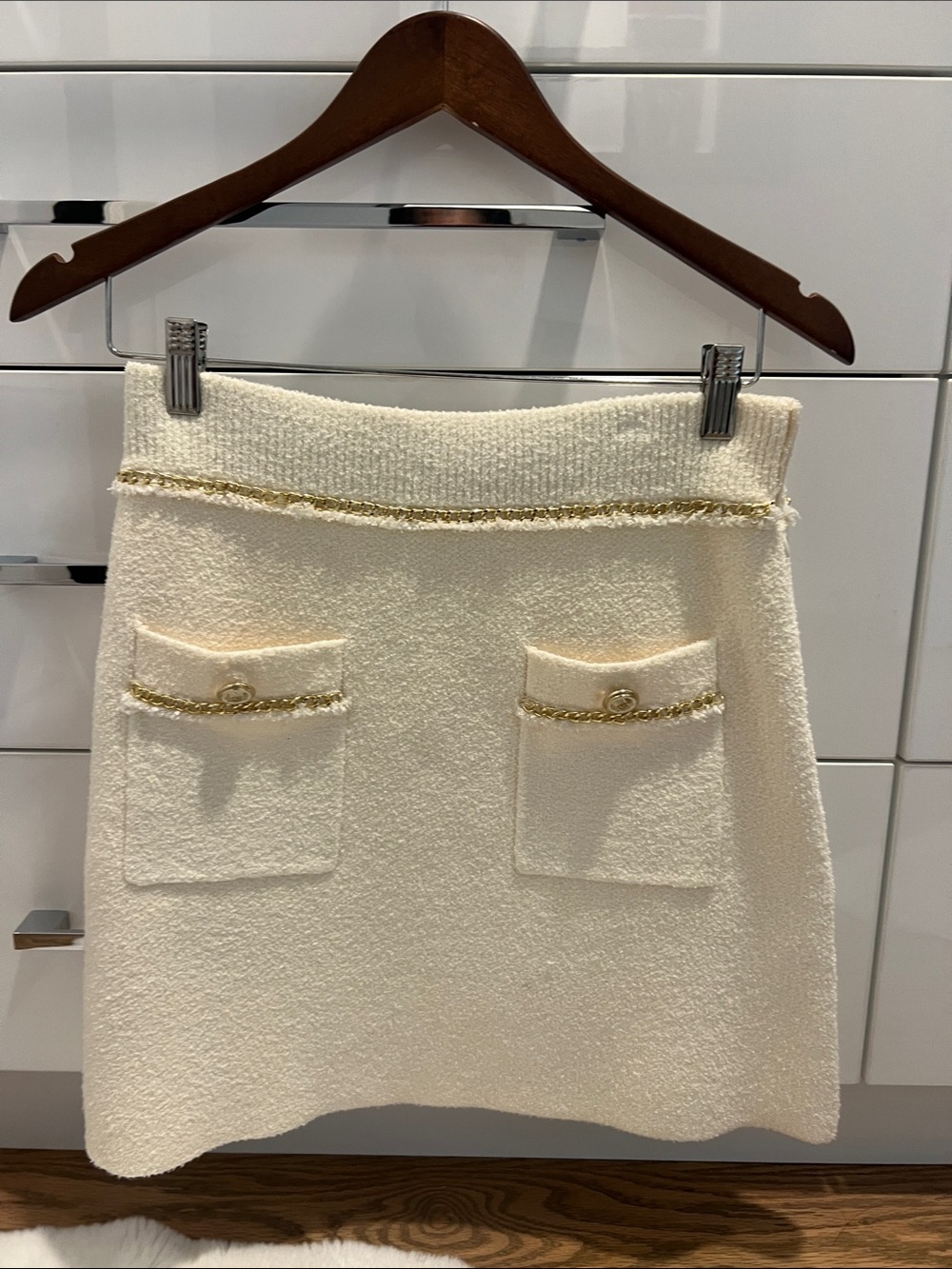 Maje Cream Tweed Mini Skirt with Gold Chain Trim